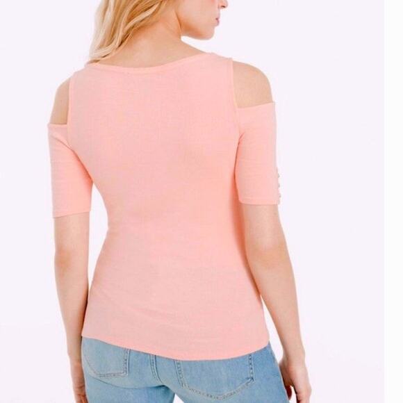🎄 White House Black Market EUC Rio Elbow Sleeve Cold Shoulder Top Small pink - Picture 3 of 16